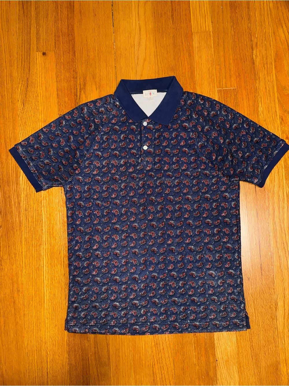 J.CREW Short Sleeve Collared Polo Shirt Blue Red Paisley Terry Cloth Men S